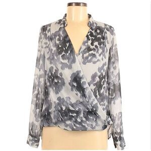 H&M grey chiffon printed faux wrap blouse size 4